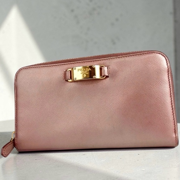 PRADA Saffiano Metallic Pink Leather Zip Around Wallet π - Picture 3 of 16
